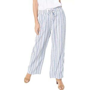 Briggs Womens Wide Leg Pants SZ M White & Blue Striped Elastic Waist Linen Blend